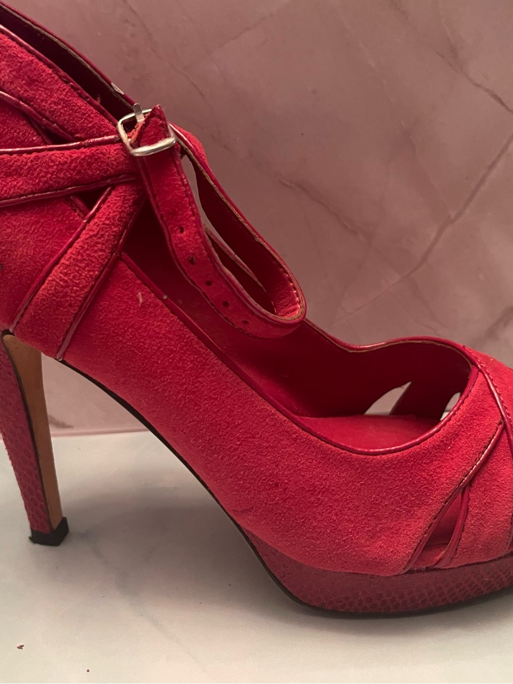 Gently used WHBM Red Suede Peep-Toe High Heel with Ankle Strap